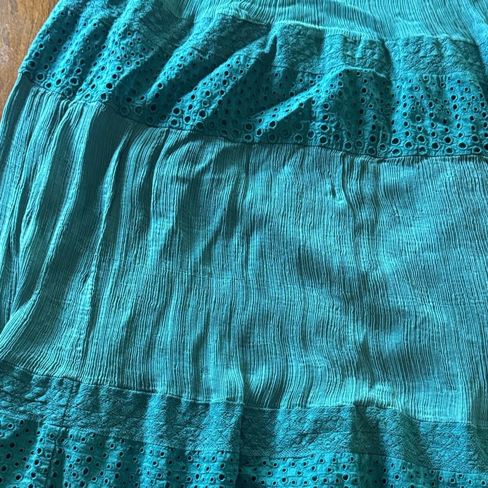 Sundance Romatic Boho Adore Moi Long Sleeve Midi Eyelet Sheer Pacific Blue Dress - Picture 11 of 12